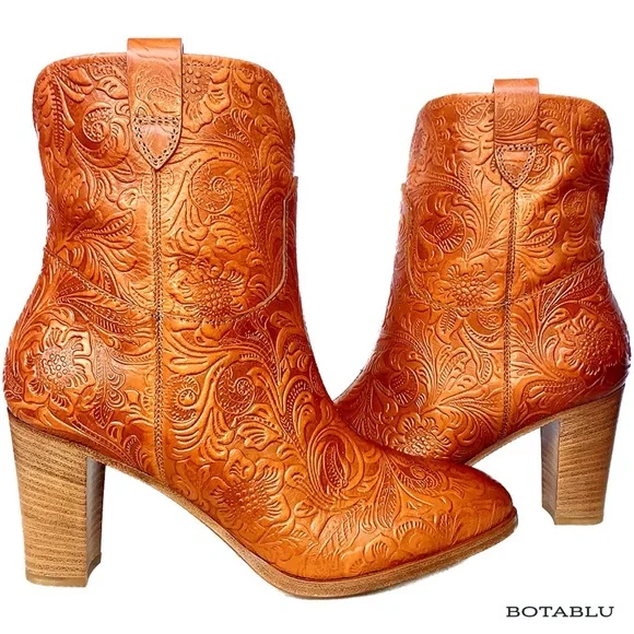 FRYE RARE Tooled Leather Ankle Bootie Boots Made in Italy Brown Women’s Size 10 - Picture 3 of 11